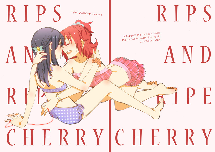 2girls aida_mana bad_id bad_pixiv_id bikini blue_hair blush closed_eyes couple cover cover_page dokidoki!_precure doujin_cover english_text half_updo hishikawa_rikka hug imminent_kiss kneeling long_hair multiple_girls photoshop_(medium) pink_hair precure red_hair short_hair sitting sorato_(astllatte) string string_of_fate swimsuit unmoving_pattern yuri