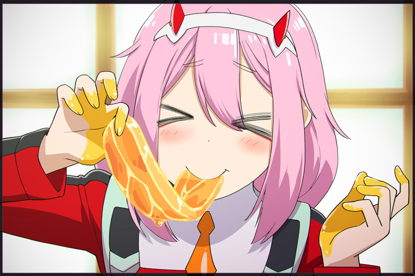 >_< color_connection commentary_request cosplay darling_in_the_franxx eating female food hair_color_connection hairband horns kagamihara_nadeshiko long_hair oni_horns partial_commentary pink_hair red_horns season_connection solo ueyama_michirou uniform white_hairband yurucamp zero_two_(darling_in_the_franxx) zero_two_(darling_in_the_franxx)_(cosplay)