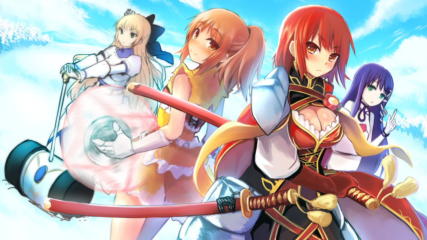 4girls blonde_hair blue_hair brown_eyes cloud commentary_request day edelweiss_(flower_knight_girl) flower_knight_girl gloves green_eyes highres lavender_(flower_knight_girl) long_hair mallet multiple_girls oncidium_(flower_knight_girl) ponytail red_eyes red_hair sky sword tsubaki_(flower_knight_girl) weapon yatsuashi_matomo