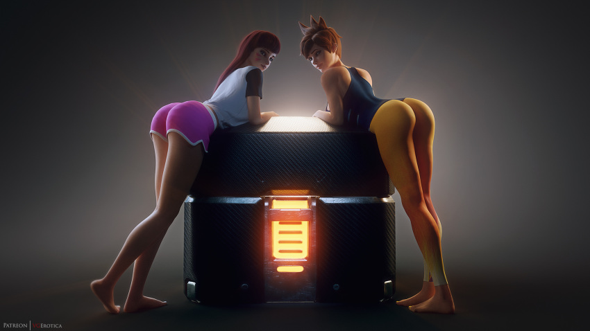 2girls 3d ass barefoot blizzard_entertainment brown_hair d.va earrings feet female female_only high_resolution highres leggings long_hair lootbox overwatch shorts tight_clothing tracer vgerotica yellow_toenails