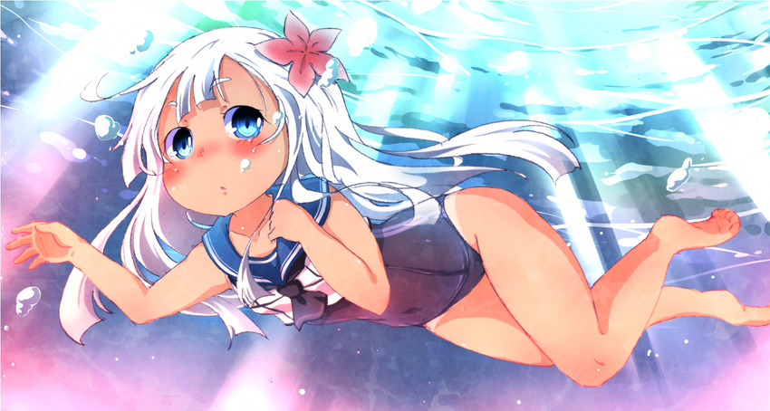 air_bubble breath bubble commentary_request crop_top female flower freediving hair_flower hair_ornament highres holding_breath kantai_collection long_hair mochizuki_usagi one-piece_swimsuit ro-500_(kancolle) sailor_collar school_swimsuit swimming swimsuit swimsuit_under_clothes tan tanlines underwater white_hair |_|