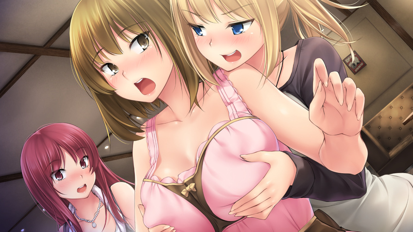 3girls apron blonde_hair blue_eyes breast_grab breasts brown_eyes brown_hair eyebrows_visible_through_hair grope hannah_(negligee) jasmin_(negligee) large_breasts long_hair necklace negligee_(game) open_mouth red_eyes red_hair ribbon short_hair smile sophie_(negligee) surprise tagme