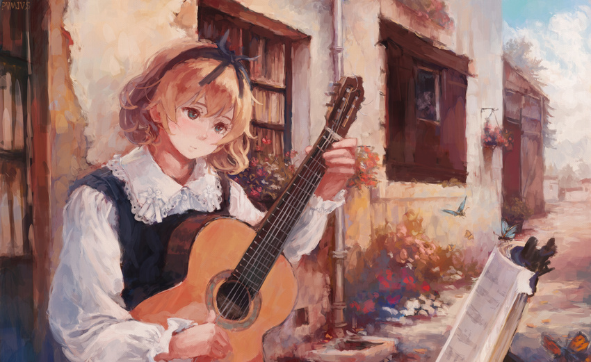 acoustic_guitar animal aqua_eyes bad_id bad_pixiv_id black_ribbon blonde_hair blurry blush book bug butterfly collar curly_hair depth_of_field door drainpipe female flower flower_pot fly flying guitar hair_ribbon hairband head_tilt hut industrial_pipe instrument long_sleeves music open_book original outdoors path plant playing_instrument potted_plant pvmivs ribbon road sheet_music shirt short_hair solo string tareme upper_body vest village white_shirt window wings wooden_door