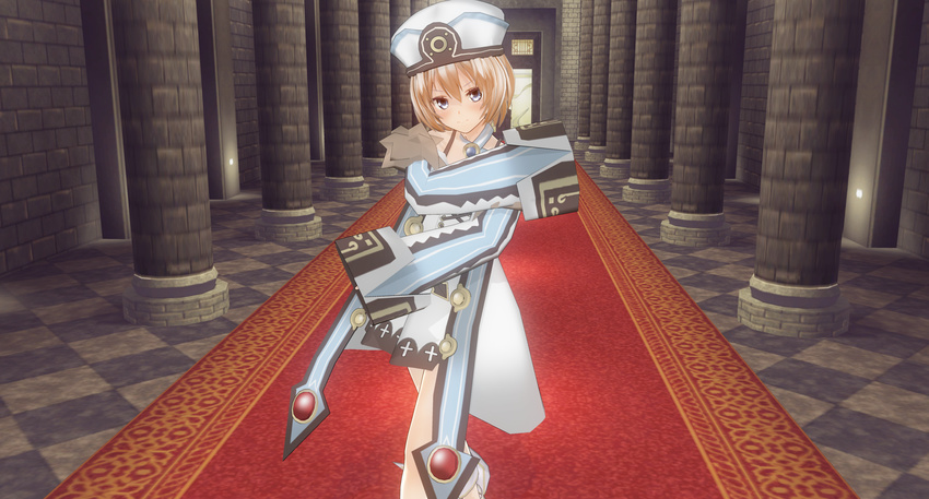 3d absurdres bare_shoulders blanc_(neptunia) blue_eyes blush brown_hair commentary_request custom_maid_3d_2 female fur_trim game_screenshot hat highres looking_at_viewer neptune_(series) short_hair solo sumxsum03