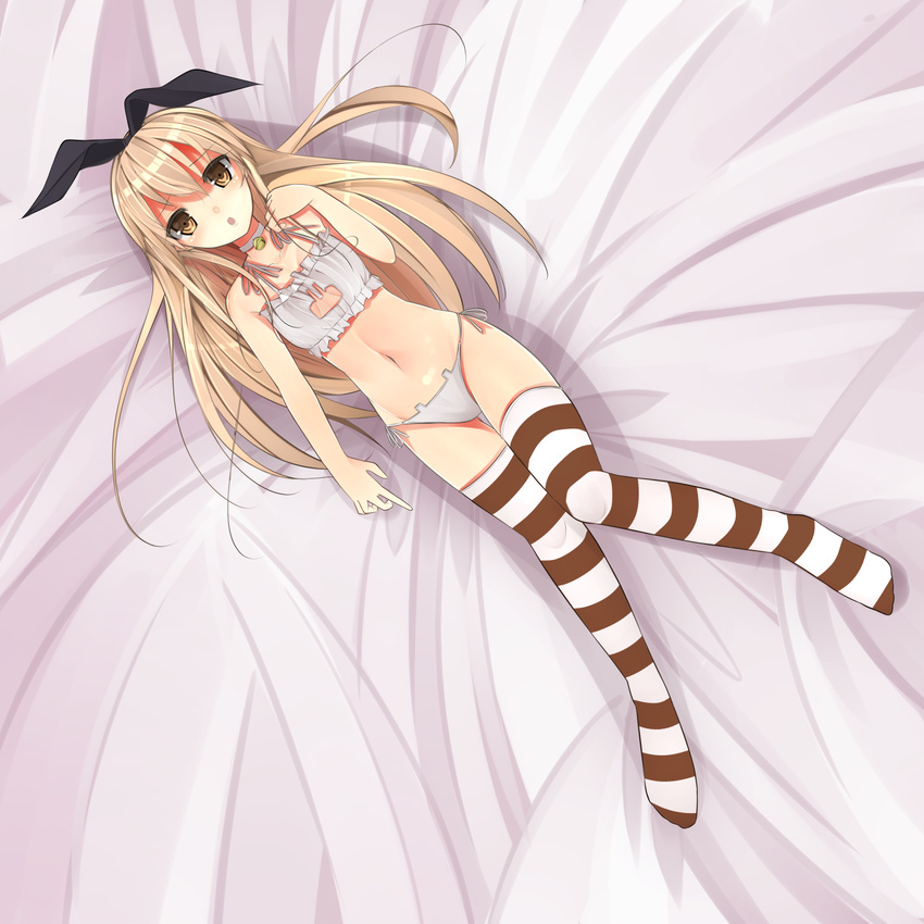 :o bell blonde_hair breasts cat_cutout cat_ear_panties cat_lingerie choker cleavage cleavage_cutout clothing_cutout commentary_request female full_body hairband highres jingle_bell kantai_collection long_hair looking_at_viewer lying meme_attire navel neck_bell no_shoes on_back panties shimakaze_(kancolle) side-tie_panties small_breasts solo sonyntendo striped_clothes striped_thighhighs thighhighs underwear white_panties yellow_eyes