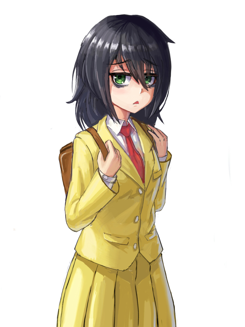 backpack bag bags_under_eyes black_hair commentary_request female green_eyes hair_between_eyes highres holding_strap kafkasea kuroki_tomoko necktie pleated_skirt red_necktie school_uniform skirt solo triangle_mouth watashi_ga_motenai_no_wa_dou_kangaetemo_omaera_ga_warui! white_background