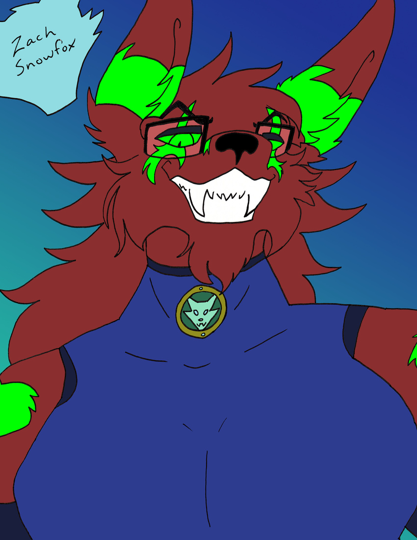 2017 absurd_res anthro black_nose canid canine clothed clothing digital_media_(artwork) english_text eyewear fox fur glasses hair hi_res looking_at_viewer male mammal microsoft_paint_(artwork) muscular muscular_anthro muscular_male redgreenfluffball simple_background smile solo teeth text toothy_grin zach_snowfox