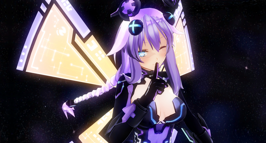 absurdres blue_eyes blush braid breasts cleavage commentary_request custom_maid_3d_2 female finger_to_mouth gloves hair_ornament highres leotard long_hair looking_at_viewer medium_breasts neptune_(series) one_eye_closed purple_hair purple_heart_(neptunia) solo sumxsum03 symbol-shaped_pupils twin_braids very_long_hair