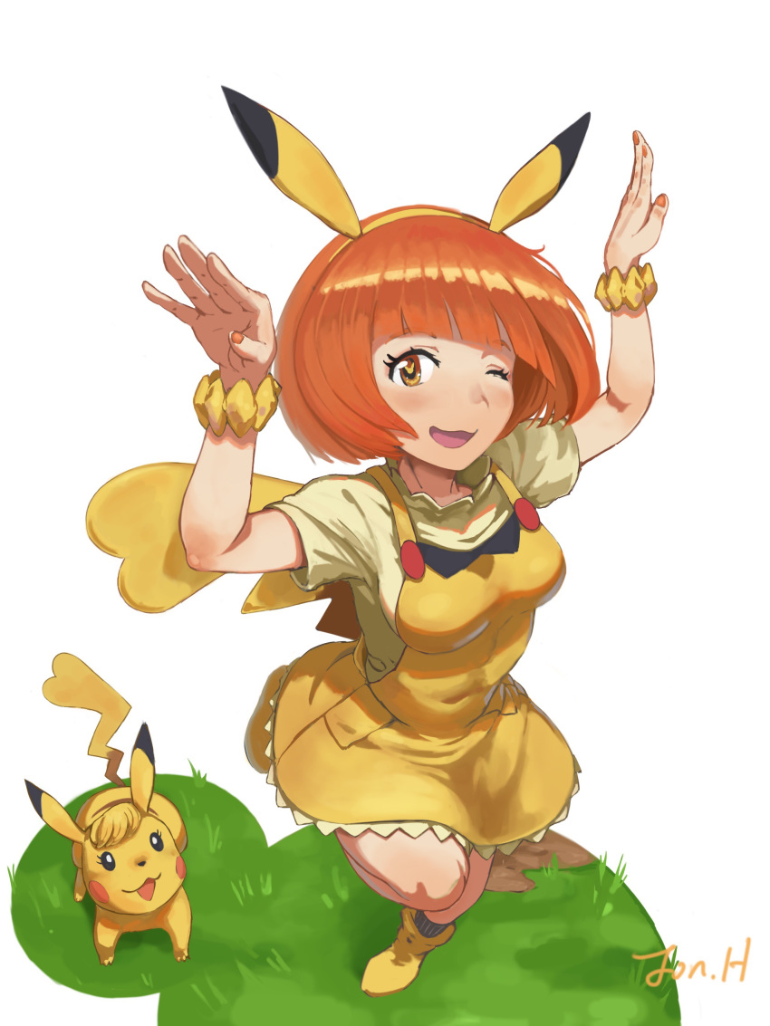 :d ;d absurdres animal_ears arms_up blunt_bangs bob_cut bracelet breasts commentary cosplay dress fake_animal_ears female grass hairband heart highres jewelry jonathan_h looking_at_viewer nail_polish on_grass one_eye_closed open_mouth orange_eyes orange_hair orange_nails outdoors pikachu pikachu_(cosplay) pikachu_ears pikachu_tail pikala pokemon pokemon_(anime) pokemon_(creature) pokemon_ears pokemon_sm_(anime) pokemon_tail red_hair shirt short_hair short_sleeves signature smile tail white_background yellow_footwear yellow_hairband yellow_shirt