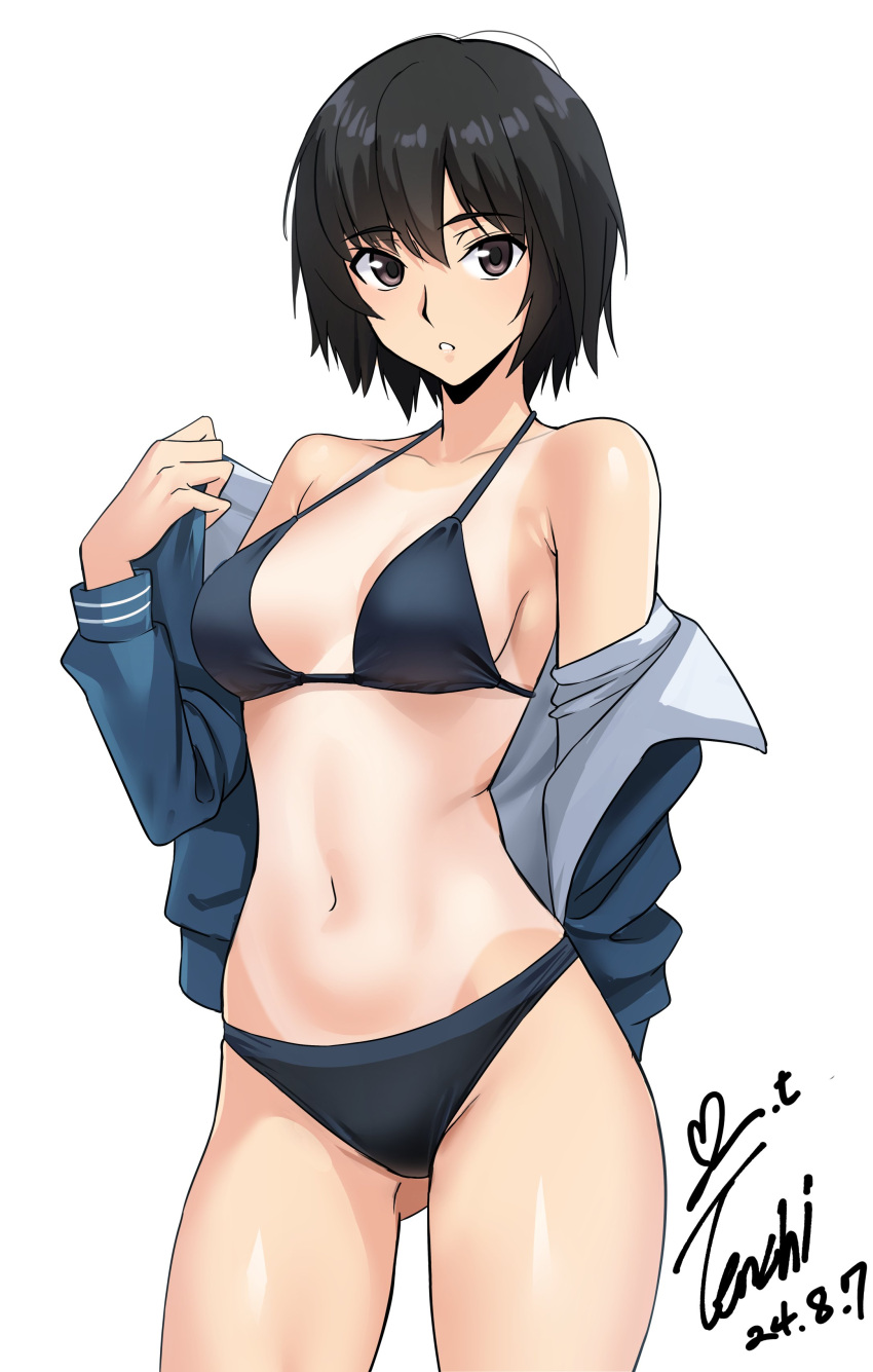 absurdres amagami arm_behind_back ass_visible_through_thighs bare_shoulders bikini black_bikini black_hair blue_jacket breasts brown_eyes commentary covered_navel cowboy_shot dated female hair_between_eyes hashtag-only_commentary highres jacket long_sleeves looking_at_viewer medium_breasts nanasaki_ai off_shoulder one-piece_tan open_clothes open_jacket parted_lips removing_jacket short_hair signature simple_background solo standing swimsuit symbol-only_commentary tan tanlines teeth track_jacket translated white_background yoo_tenchi