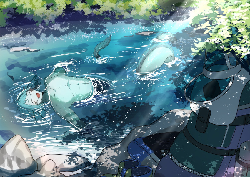 1boy blue_hair blue_skin closed_eyes colored_skin eel_boy fins full_body head_fins highres jade_leech lake male_focus mitsunari_miyako monster_boy outdoors partially_submerged short_hair solo swimming twisted_wonderland