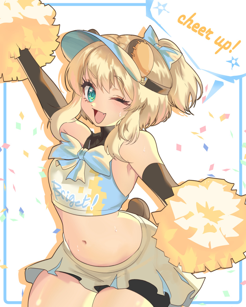 1boy absurdres alternate_costume animal_ears aqua_eyes armpits bear_ears bear_tail bike_shorts blonde_hair bow bridget cheerleader commentary_request cosplay crop_top english_commentary english_text fake_animal_ears guilty_gear guilty_gear_strive hairbow highres holding jojcachu korean_commentary long_hair looking_at_viewer male_focus midriff miniskirt mixed-language_commentary navel one_eye_closed open_mouth otoko_no_ko pom_pom_(cheerleading) ponytail roger_(guilty_gear) roger_(guilty_gear)_(cosplay) skirt smile solo sparkle tail visor_cap white_background