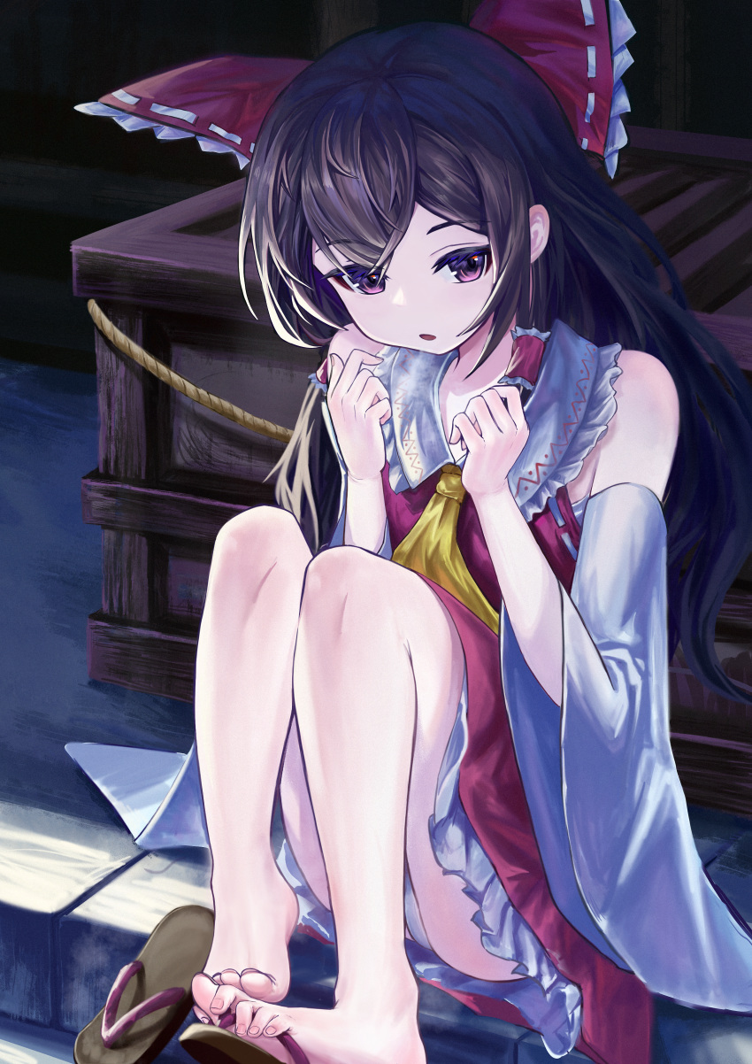 :o absurdres ascot bare_legs bare_shoulders black_hair bow box brown_footwear brown_hair collared_shirt commentary_request detached_sleeves donation_box female frilled_bow frilled_skirt frills geta hairbow hakurei_reimu hakurei_shrine highres long_hair long_sleeves night outdoors parted_lips red_bow red_shirt red_skirt shirt sitting skirt sleeveless sleeveless_shirt solo sunono_(lhrsb) toes touhou very_long_hair white_sleeves yellow_ascot