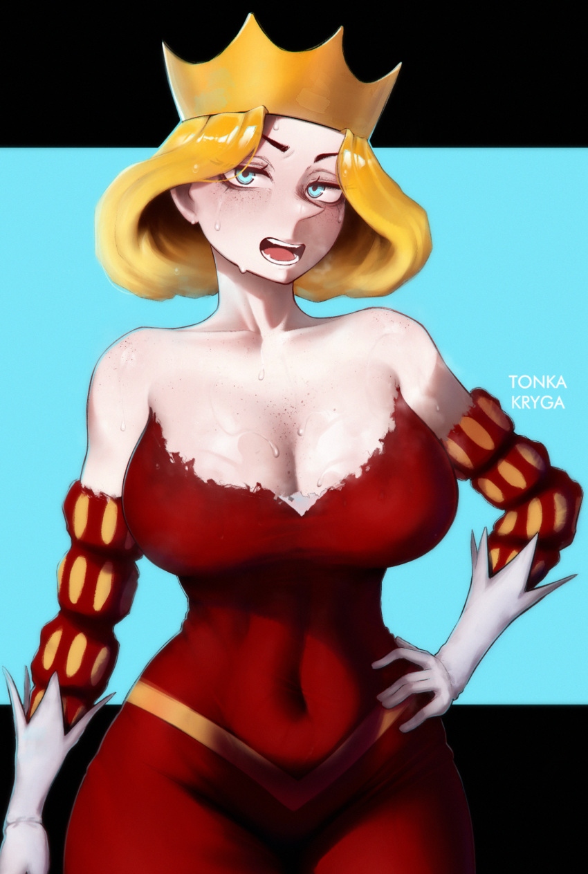 blonde_hair blue_eyes body_freckles breasts covered_navel crown curvy detached_sleeves dress female freckles gloves hand_on_own_hip highres hilling_(ousama_ranking) large_breasts mature_female open_mouth ousama_ranking red_dress solo sweat tonka_kryga very_sweaty white_gloves