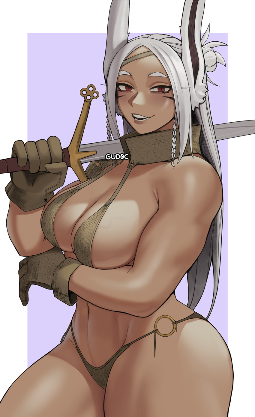 alternate_hairstyle animal_ears arm_under_breasts bikini boku_no_hero_academia border braid braided_sidelock breasts brown_bikini brown_gloves claymore_(sword) cleavage dark-skinned_female dark_skin facepaint female gloves gud0c hair_bun highres holding holding_sword holding_weapon large_breasts linea_alba long_eyelashes long_hair looking_at_viewer mirko navel o-ring o-ring_bottom over_shoulder paid_reward_available parted_bangs purple_background rabbit_ears rabbit_girl red_eyes sidelocks single_bare_shoulder single_hair_bun smile solo swimsuit sword sword_over_shoulder thick_thighs thighs toned toned_female turtleneck two-handed_sword veins veiny_breasts weapon weapon_over_shoulder white_border white_hair