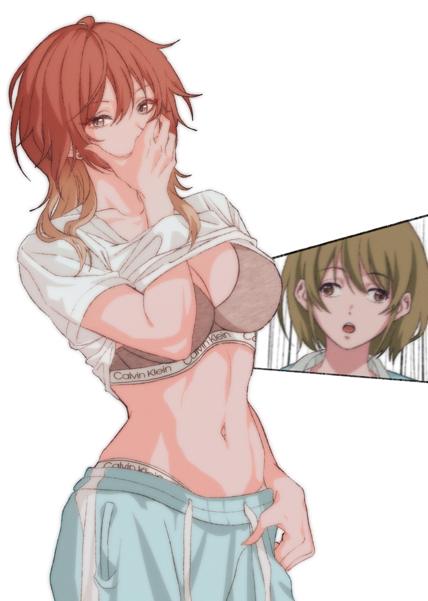 2girls absurdres aketa_mikoto blonde_hair blue_pants bra breasts brown_eyes calvin_klein collarbone colored_tips gradient_eyes green_eyes green_hair grey_bra hand_on_own_hip highres idolmaster idolmaster_shiny_colors korean_commentary looking_at_viewer mayj1816 medium_breasts midriff multicolored_eyes multicolored_hair multiple_girls nanakusa_nichika navel open_mouth orange_eyes orange_hair pants shirt short_hair surprised sweatpants underwear wall-eyed white_shirt wide_hips