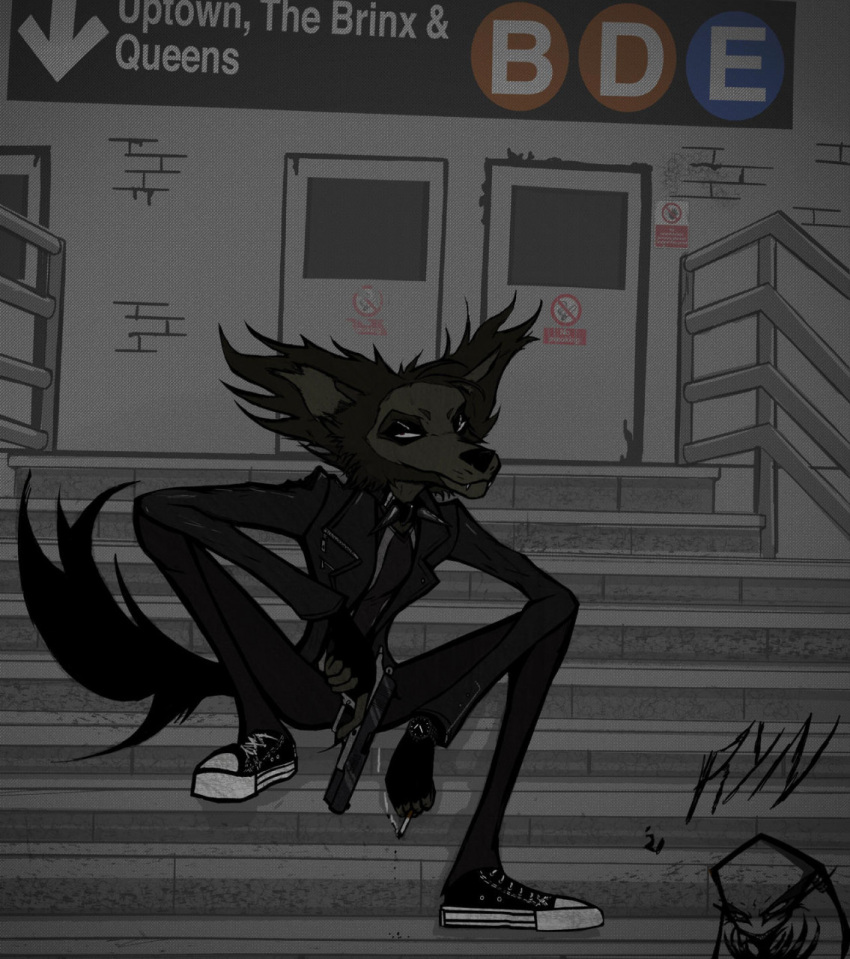 anthro bottomwear canid canine canis cigarette clothing collar converse darkryn_(artist) denim denim_bottomwear denim_clothing domestic_dog fangs gun hi_res humanoid jacket jeans leather leather_clothing leather_jacket leather_topwear male mammal pants rags_(riikaruh) ranged_weapon sitting solo spiked_collar spikes subway_station teeth topwear weapon