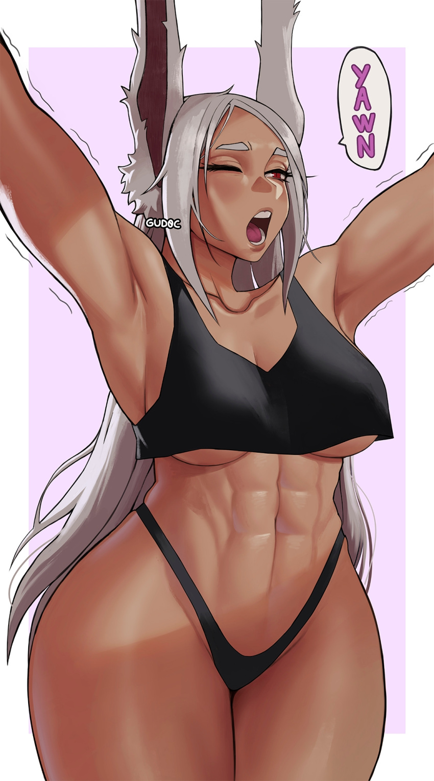 ;o abs animal_ears armpits arms_up bare_shoulders black_panties black_tank_top boku_no_hero_academia border breasts cleavage collarbone cropped_shirt dark-skinned_female dark_skin english_commentary female gud0c highleg highleg_panties highres large_breasts long_eyelashes long_hair messy_hair mirko navel one_eye_closed open_mouth panties parted_bangs pink_background rabbit_ears rabbit_girl red_eyes skindentation solo speech_bubble stomach stretching tank_top teeth thick_thighs thighs toned_female underboob underwear very_long_hair waking_up white_border white_hair yawning