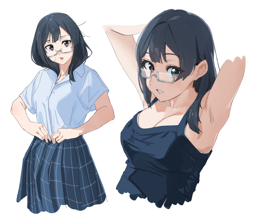 armpits arms_up black_hair black_tank_top blue_shirt bra bra_peek breasts cleavage collared_shirt cropped_legs cropped_torso double-parted_bangs dress_shirt dressing female glasses grey-framed_eyewear grey_eyes grey_skirt highres large_breasts long_hair love_live! love_live!_nijigasaki_high_school_idol_club miniskirt moshi_(0364p) multiple_views nakagawa_nana nijigasaki_school_uniform plaid_clothes plaid_skirt pleated_skirt school_uniform semi-rimless_eyewear shirt skirt summer_uniform tank_top under-rim_eyewear underwear yuki_setsuna_(love_live!)