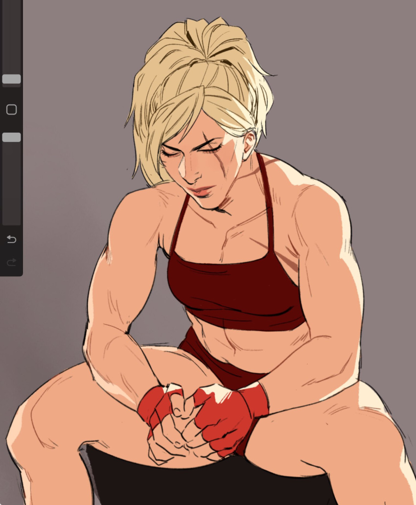 blonde_hair closed_eyes dxhird female fingerless_gloves gloves highres lidia_sobieska midriff muscular muscular_female navel red_gloves red_shortrs red_sports_bra scar scar_across_eye scar_on_face shorts simple_background sitting solo sports_bra tekken tekken_8