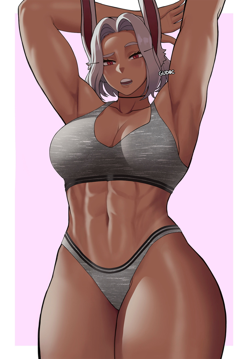 abs animal_ears armpits arms_up artist_name bare_shoulders black_choker boku_no_hero_academia border breasts choker cleavage collarbone dark-skinned_female dark_skin english_commentary female grey_pants grey_sports_bra gud0c highres large_breasts long_eyelashes looking_at_viewer mirko navel open_mouth pants parted_bangs pink_background rabbit_ears rabbit_girl raised_eyebrow red_eyes short_hair solo sports_bra stomach teeth thick_thighs thighs toned_female white_border white_hair