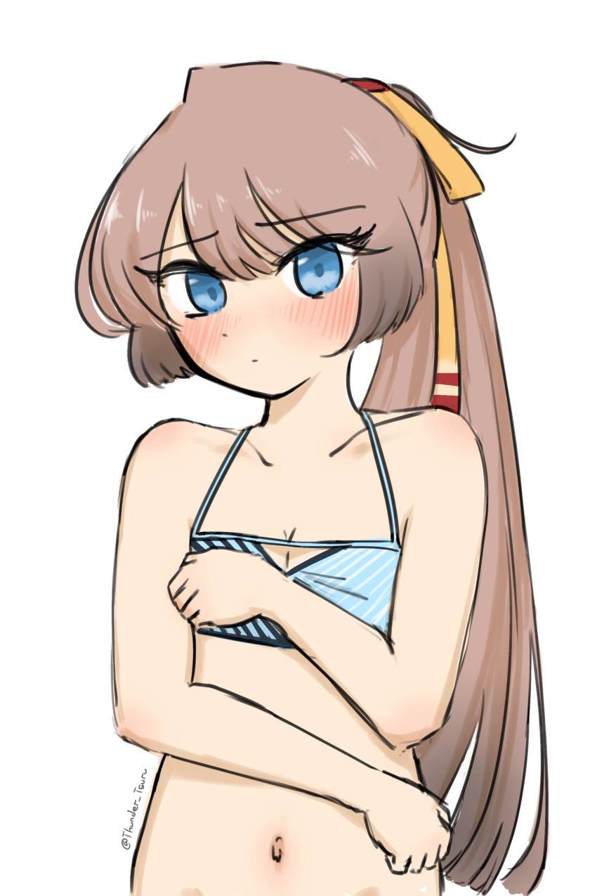 absurdres bikini blue_eyes brown_hair female flat_chest highres kantai_collection kazagumo_(kancolle) kazagumo_(swimsuit_mode)_(kancolle) long_hair looking_at_viewer multicolored_bikini multicolored_clothes navel ponytail simple_background solo standing swimsuit tsuru_(thunder_tsuru) twitter_username upper_body white_background