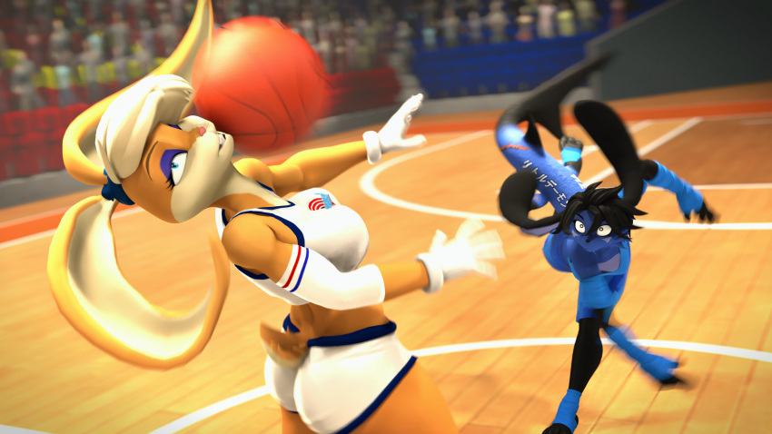 3d_(artwork) absurd_res anthro basketball basketball_court basketball_uniform clothing digital_media_(artwork) domi_(domibun) domibun duo female hi_res hit_in_face hybrid lagomorph leporid lola_bunny looney_tunes mammal rabbit source_filmmaker_(artwork) sportswear throwing throwing_object uniform warner_brothers