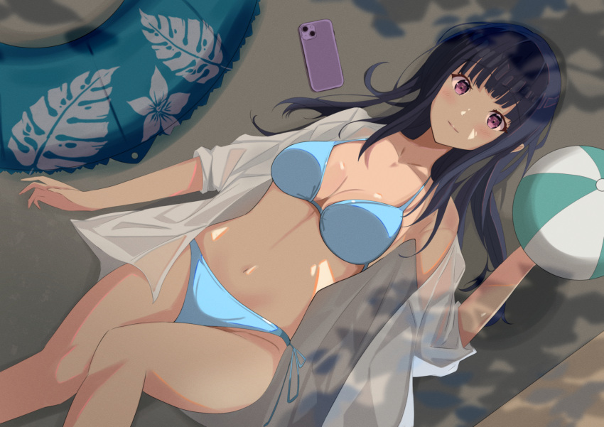 absurdres ball beachball bikini black_hair blue_bikini breasts brown_eyes cellphone commentary_request dappled_sunlight feet_out_of_frame female hibike!_euphonium highres innertube liz_to_aoi_tori long_hair looking_at_viewer medium_breasts open_clothes open_robe phone robe side-tie_bikini_bottom smartphone smile solo sunlight swim_ring swimsuit white_robe yk0614animation yoroizuka_mizore