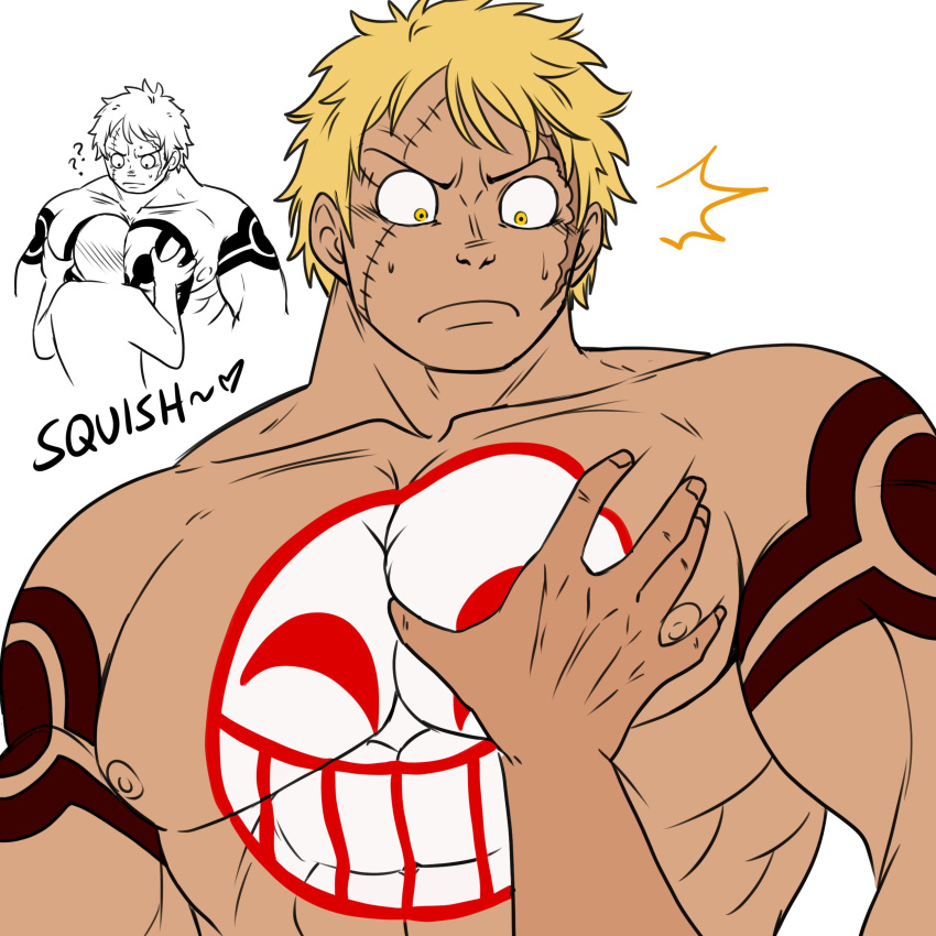 2boys ^^^ absurdres bara bellamy blonde_hair chest_tattoo dark-skinned_male dark_skin donquixote_doflamingo_jolly_roger doodle_inset head_between_pecs_(meme) highres hyena_(samayajonna) large_pectorals male_focus meme multiple_boys muscular muscular_male nipples nude one_piece pectoral_grab pectorals short_hair sibi2028_pectoral_grab_(meme) solo_focus sweat tattoo upper_body yaoi