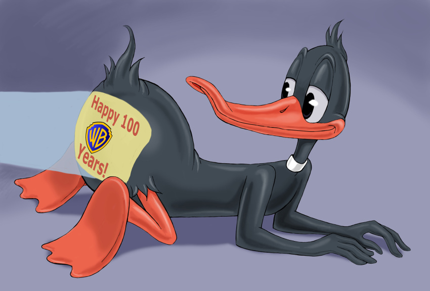 all_fours anatid anseriform anthro ass avian beak bird black_body black_feathers daffy_duck duck english_text feathers hi_res looking_at_butt looking_at_own_butt looking_back_at_self looney_tunes male smile solo tail tail_feathers text warner_brothers zdrer456