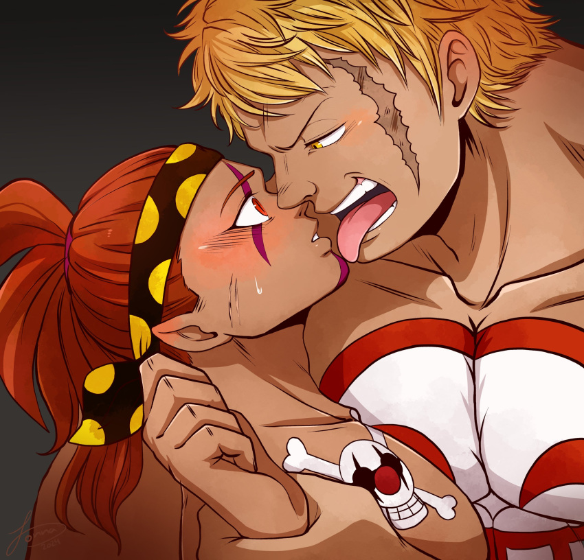 2boys absurdres bakushou_(samayajonna) bara bellamy blonde_hair blush couple dark-skinned_male dark_skin donquixote_doflamingo_jolly_roger eye_contact face-to-face facial_hair french_kiss headband highres hyena_(samayajonna) kissing large_pectorals looking_at_another male_focus multiple_boys muscular muscular_male nipples nude one_piece original pectoral_cleavage pectorals red_eyes scar short_hair sideburns_stubble solo_focus stubble surprise_kiss surprised tongue tongue_out upper_body yaoi