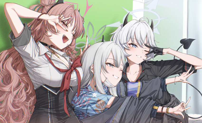 3girls ;d black_horns black_shirt blue_archive blue_eyes blue_shirt blush breasts cleavage collarbone collared_shirt commentary demon_tail double_w erika_(blue_archive) grey_hair grey_halo grin gyaru halo highres horns kirara_(blue_archive) kogal konoka_(blue_archive) large_breasts long_hair loose_neck_ribbon mask mask_pull mouth_mask multiple_girls oerba_yun_fang one_eye_closed open_mouth pink_hair pink_halo purikura red_eyes red_hair red_ribbon ribbon school_uniform shirt short_hair smile surgical_mask tail w white_shirt yo_na