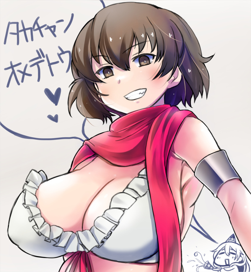 bikini blush breasts brown_eyes brown_hair caesar_(girls_und_panzer) cleavage female frilled_bikini frills girls_und_panzer grin highres large_breasts looking_at_viewer nabeyu red_scarf scarf short_hair simple_background smile solo swimsuit upper_body white_background white_bikini