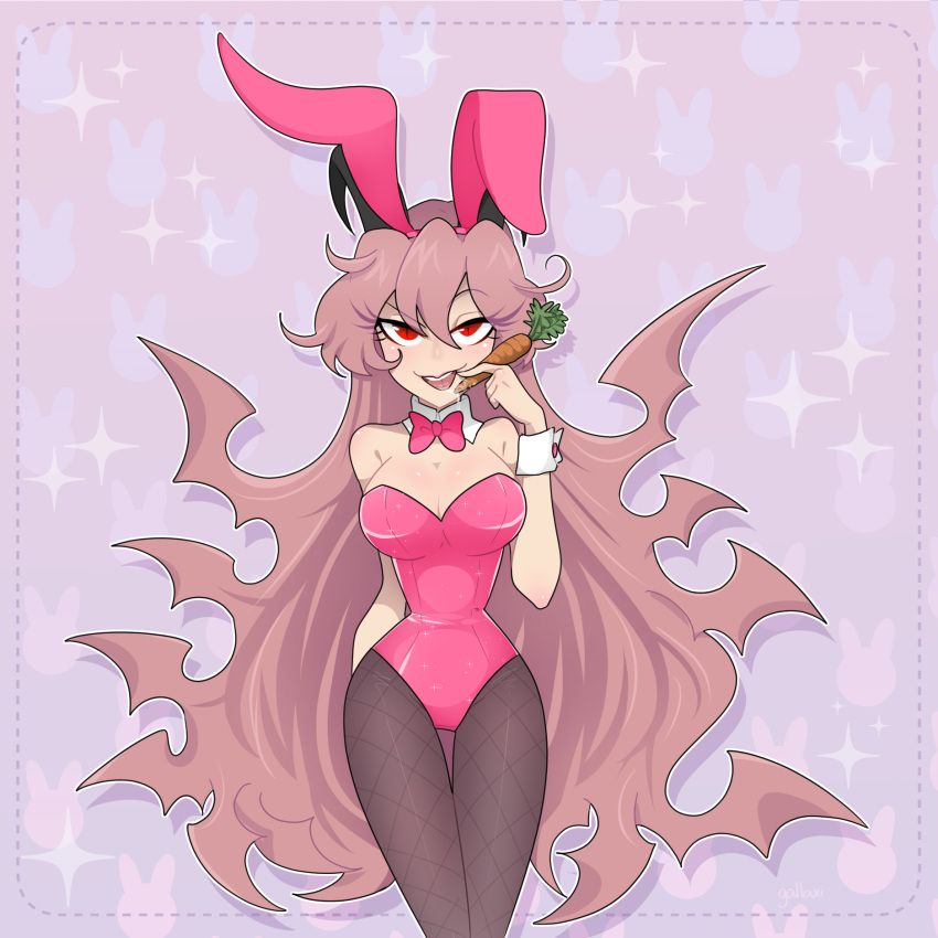 animal_ears bat_wings black_dress breasts demon_girl demon_horns demon_wings dress female fishnet_pantyhose fishnets funamusea gallaxi highres horns large_breasts leotard lil_(funamusea) long_hair pantyhose pink_hair rabbit_ears red_eyes solo strapless strapless_leotard wings