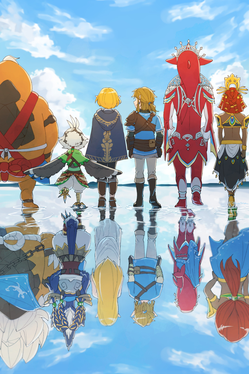 4girls 6+boys bird_boy champion's_tunic_(zelda) cloak colored_skin dark-skinned_female dark_skin daruk different_reflection from_behind gerudo goron highres link long_hair maya_(mayamayammy) mipha multiple_boys multiple_girls orange_skin princess_zelda red_skin reflection revali riju rito short_hair sidon standing standing_on_liquid talons the_legend_of_zelda the_legend_of_zelda:_breath_of_the_wild the_legend_of_zelda:_tears_of_the_kingdom tulin_(zelda) urbosa walking winged_arms wings yunobo zora