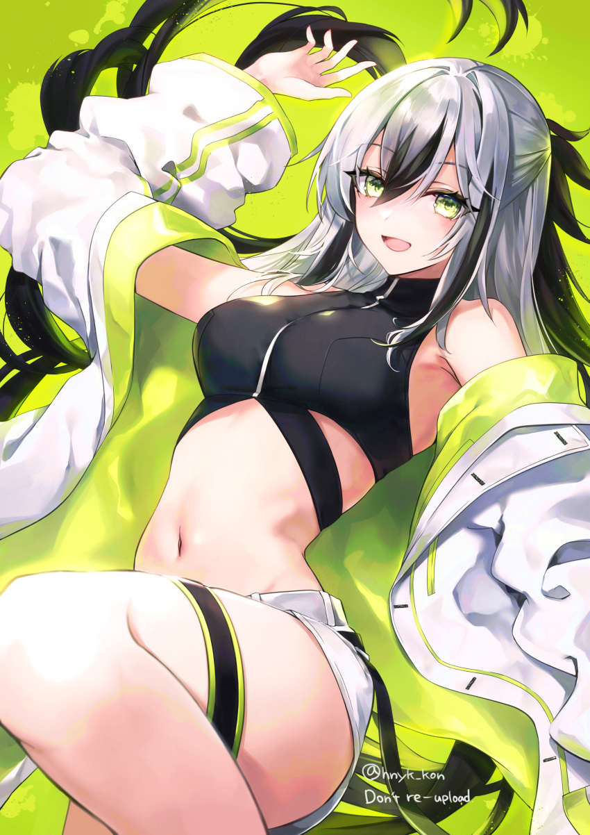 absurdres bare_shoulders black_hair black_shirt breasts crop_top cropped_shirt fate/grand_order fate_(series) female green_eyes green_jacket hair_between_eyes hane_yuki highres jacket long_hair long_sleeves looking_at_viewer medium_breasts midriff multicolored_clothes multicolored_hair multicolored_jacket nagao_kagetora_(fate) navel off_shoulder open_clothes open_jacket open_mouth revision shirt short_shorts shorts sidelocks sleeveless sleeveless_shirt smile solo thigh_strap thighs two-tone_hair two-tone_jacket uesugi_kenshin_(fate) uesugi_kenshin_(second_ascension)_(fate) very_long_hair white_hair white_jacket white_shorts