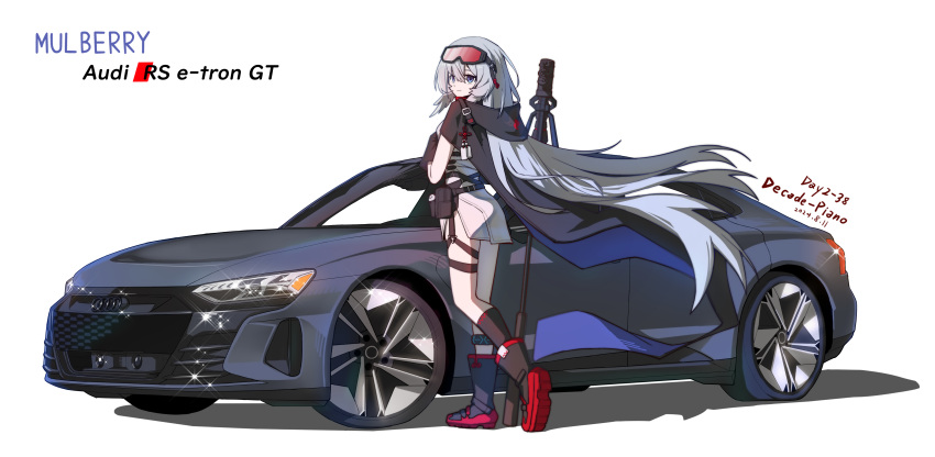 absurdres arknights audi_rs_e-tron_gt black_cape black_footwear black_gloves blue_eyes boots cape car character_name dated feather_hair female gaoling_gangqin gloves goggles goggles_on_head grey_hair highres holding holding_staff long_hair looking_at_viewer looking_back motor_vehicle mulberry_(arknights) red-tinted_eyewear simple_background solo sparkle staff tinted_eyewear very_long_hair white_background