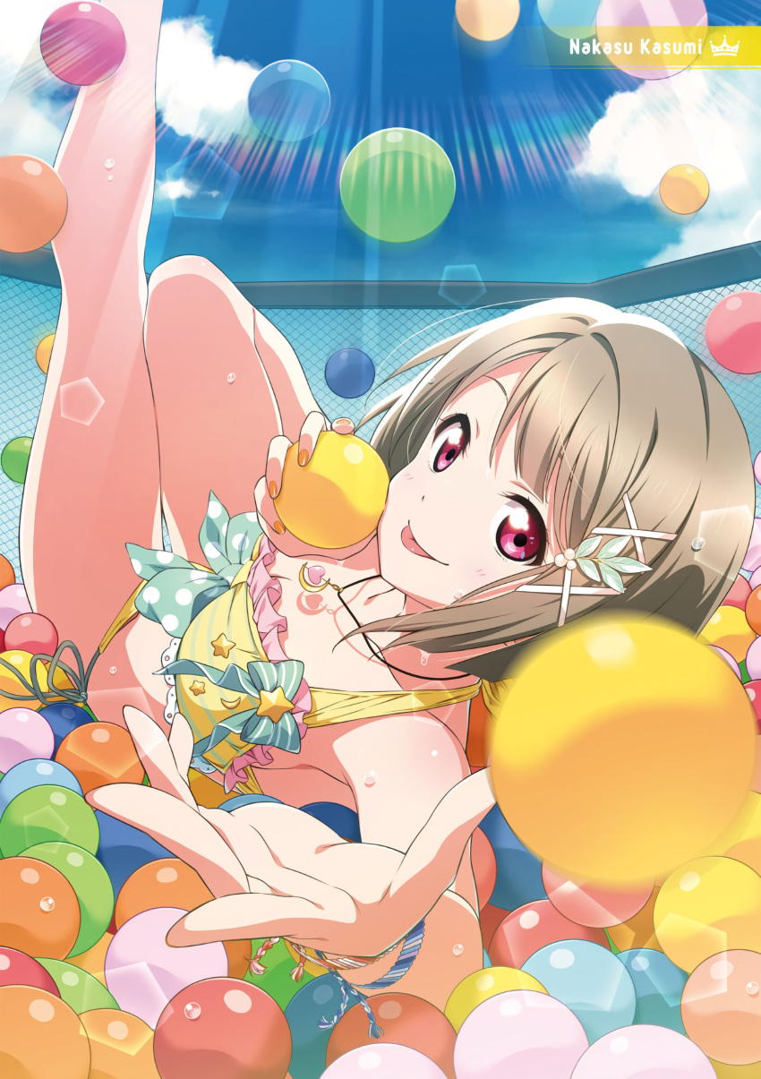 2c=galore :p absurdres asymmetrical_hair ball ball_pit bikini blue_sky bob_cut breasts brown_hair character_name closed_mouth cloud cloudy_sky day female grey_hair hair_ornament hairclip halterneck highres holding holding_ball legs_up looking_at_viewer love_live! love_live!_nijigasaki_high_school_idol_club medium_breasts midriff nakasu_kasumi official_art outdoors outstretched_arm red_eyes short_hair side-tie_bikini_bottom sky solo string_bikini swimsuit third-party_source tongue tongue_out yellow_bikini