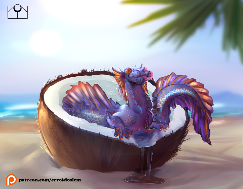 2024 anoroth_(character) beach coconut digital_media_(artwork) dragon drupe_(fruit) errokioslem female feral food front_view fruit hatching hi_res mythological_creature mythological_scalie mythology outside plant sand scales scalie solo tongue tongue_out