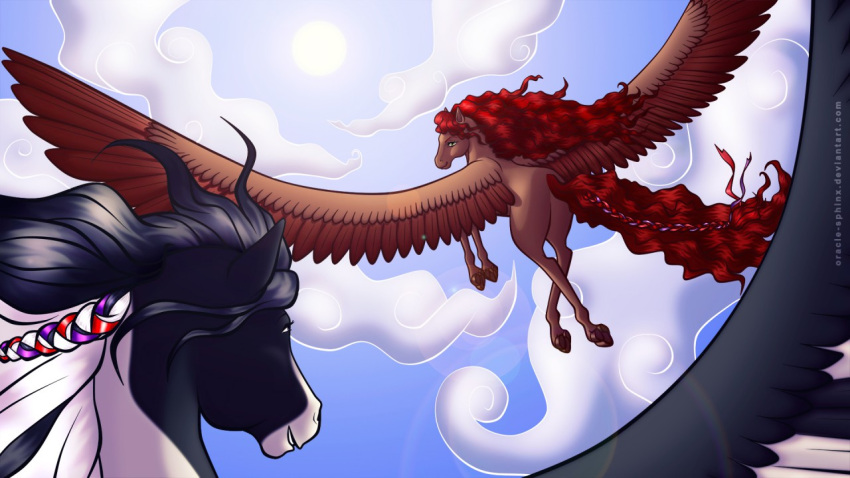 braided_tail duo equid equine female feral hair hooves horse horse_ears male male/female mammal mythological_creature mythological_equine mythology oracle_sphinx pegasus red_hair sky skyscape smiling_at_partner tail wedding wings