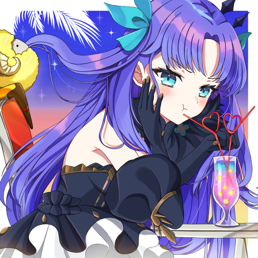 absurdres bare_shoulders black_dress black_gloves blue_eyes blue_hair blush bow breasts cup detached_collar dress drinking_glass drinking_straw dumuzid_(fate) elbow_gloves ereshkigal_(fate) fate/grand_order fate_(series) female gloves hair_ornament hairbow highres long_hair looking_at_viewer medium_breasts parted_bangs pout sheep space_ereshkigal_(fate) space_ereshkigal_(second_ascension)_(fate) table two_side_up umirunie