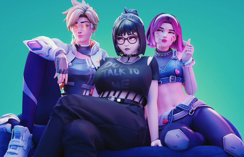 3d 3girls alternate_hair_color bangle black-framed_eyewear black_choker black_hair black_lips blonde_hair bracelet breasts choker clothes_writing clothing_cutout commentary crop_top cropped_jacket crossed_legs curvy d.va_(overwatch) dazzle_d.va down_jacket earrings english_commentary facial_mark finger_heart fishnet_top fishnets fugtrup girl_sandwich glasses goth_fashion hair_bun hairband highres hoop_earrings jacket jewelry k-pop large_breasts lipstick looking_to_the_side makeup mascara mei_(overwatch) midriff mole mole_above_mouth multiple_girls multiple_rings necklace nose_piercing nose_stud official_alternate_costume orange-tinted_eyewear overwatch overwatch_2 pale_skin perfect_night_(le_sserafim) piercing pink_hair pink_lips rimless_eyewear ring sandwiched short_hair shoulder_cutout single_hair_bun sitting small_breasts smile sunglasses tinted_eyewear tracer_(overwatch) traysi_tracer tsundere whisker_markings white_hairband