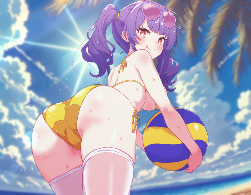 arbiter1 aviator_sunglasses azur_lane ball bare_shoulders beach beach_volleyball beachball bikini blurry blurry_background breasts eyewear_on_head highres holding holding_ball holding_beachball large_breasts looking_at_viewer looking_back official_alternate_costume outdoors pola_(azur_lane) pola_(seaside_coincidence)_(azur_lane) red_eyes sunglasses swimsuit thighhighs tongue tongue_out wet_legwear wet_thighhighs white_thighhighs yellow_bikini