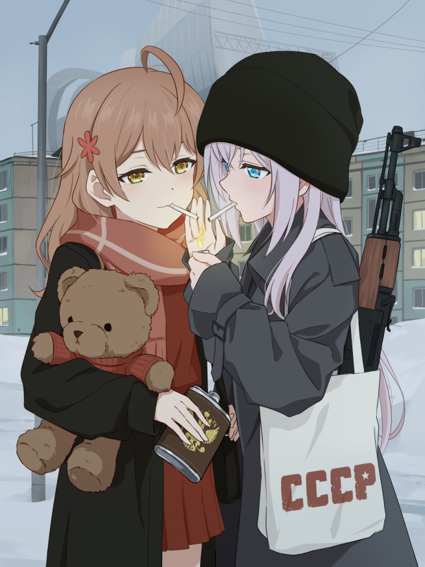 2girls ahoge ak-47 alisa_mikhailovna_kujou assault_rifle black_jacket blue_eyes blush brown_dress brown_hair dress grey_hair grey_jacket gun hair_ornament hairclip highres holding holding_stuffed_toy jacket kalashnikov_rifle laofuzi_dai_bansho long_hair looking_at_another mariya_mikhailovna_kujou multiple_girls outdoors rifle scarf smile smoking stuffed_animal stuffed_toy teddy_bear tokidoki_bosotto_roshia-go_de_dereru_tonari_no_alya-san weapon yellow_eyes