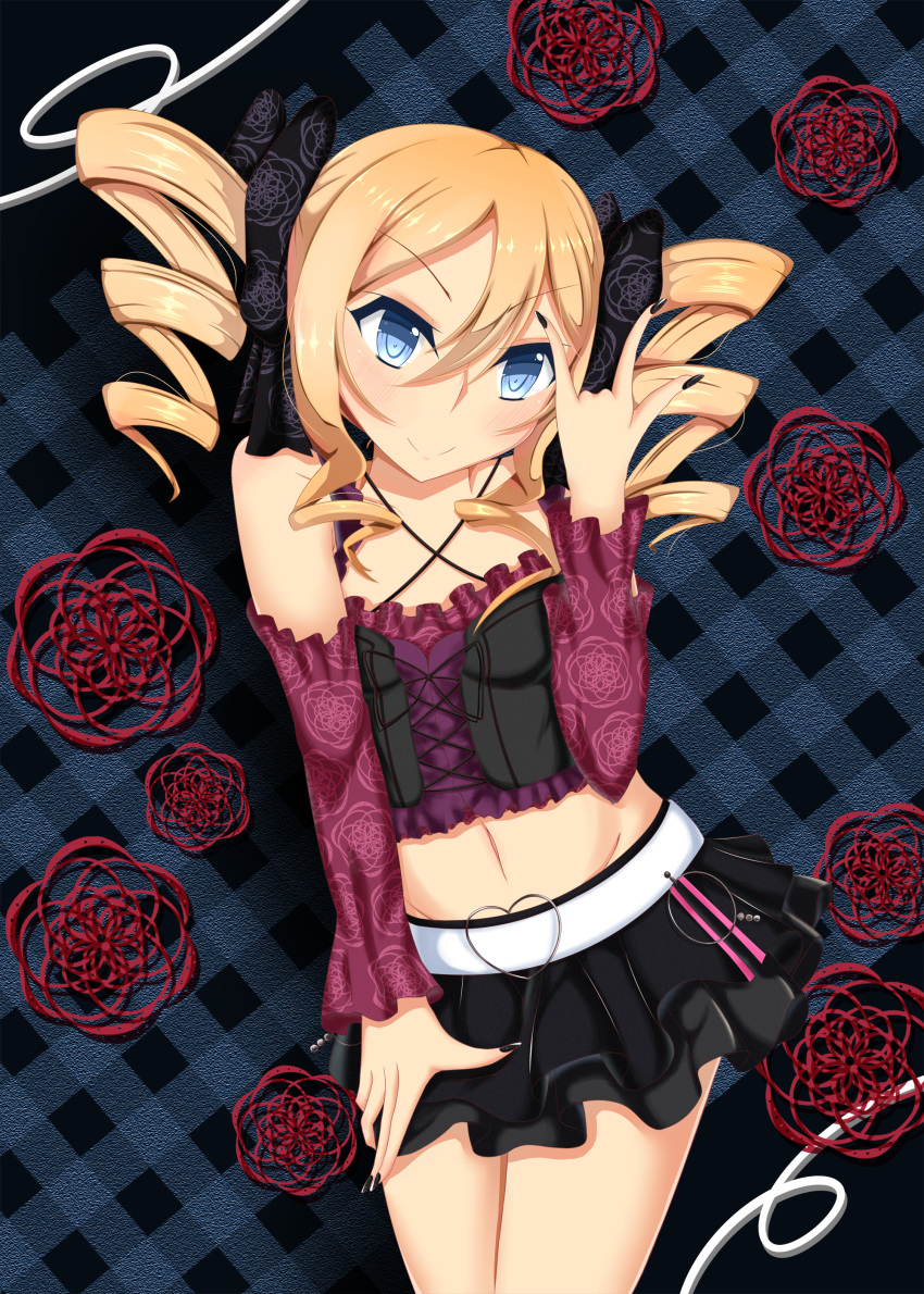 \m/ absurdres bare_shoulders black_bow black_skirt blonde_hair blue_eyes blush bow checkered_background cowboy_shot dairenji_suzuka detached_sleeves drill_hair female frilled_skirt frills hair_between_eyes hairbow halterneck heart highres long_hair midriff nail_polish navel shikapiro skirt smile solo tokyo_ravens twin_drills