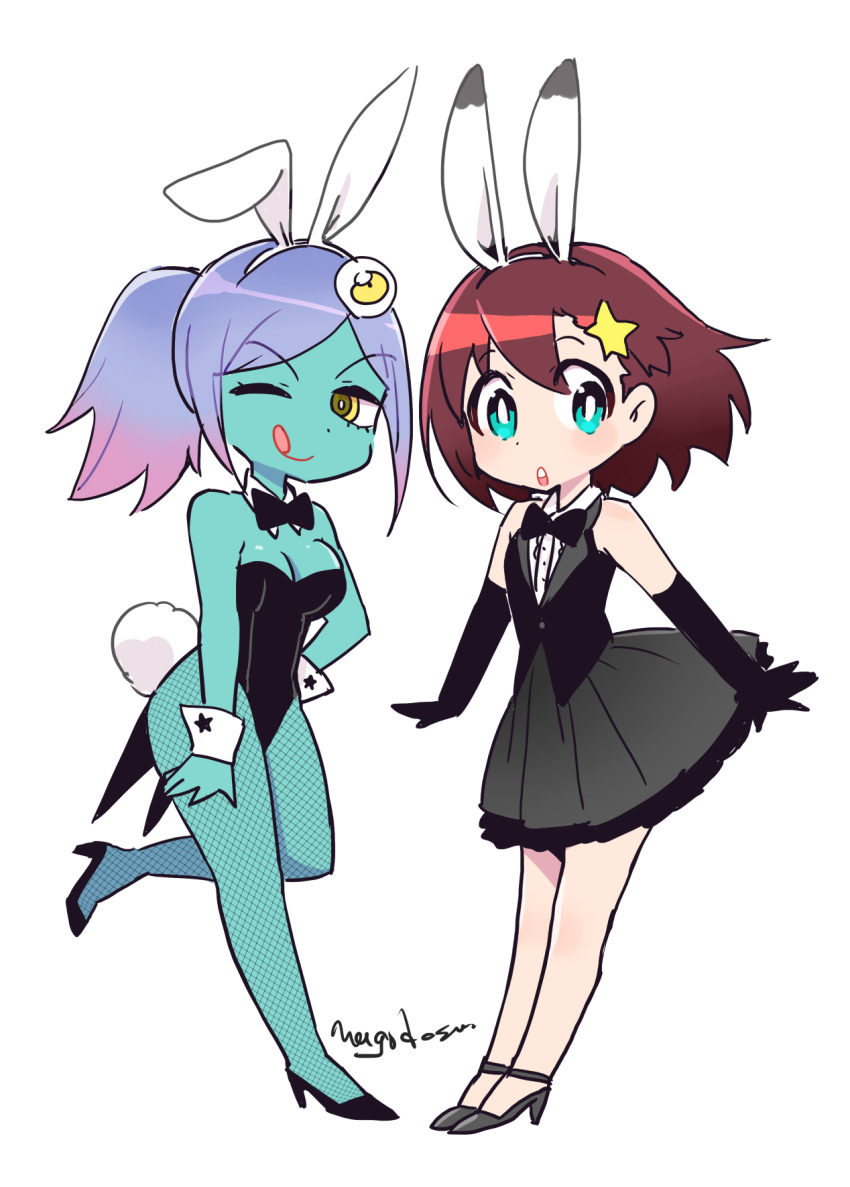 2girls ;q animal_ear_hairband animal_ears aqua_eyes artist_name black_bow black_bowtie black_gloves black_leotard black_skirt black_vest blue_hair bow bowtie breasts bright_pupils bunny_day chestnut_mouth cleavage closed_mouth collared_shirt colored_skin elbow_gloves eyeball_hair_ornament fake_animal_ears fake_tail full_body gloves gradient_hair green_skin hair_between_eyes hair_ornament hairband hand_on_own_hip high_heels highres large_breasts leg_up leotard looking_at_viewer luluco mago medium_hair medium_skirt midori_(uchuu_patrol_luluco) multicolored_hair multiple_girls one_eye_closed open_mouth parted_bangs pink_hair ponytail rabbit_ear_hairband rabbit_ears rabbit_tail shirt simple_background skirt sleeveless sleeveless_shirt small_breasts smile standing star_(symbol) star_hair_ornament strapless strapless_leotard tail teeth tongue tongue_out uchuu_patrol_luluco upper_teeth_only v-shaped_eyebrows vest white_background white_pupils white_shirt white_sleeve_cuffs yellow_eyes