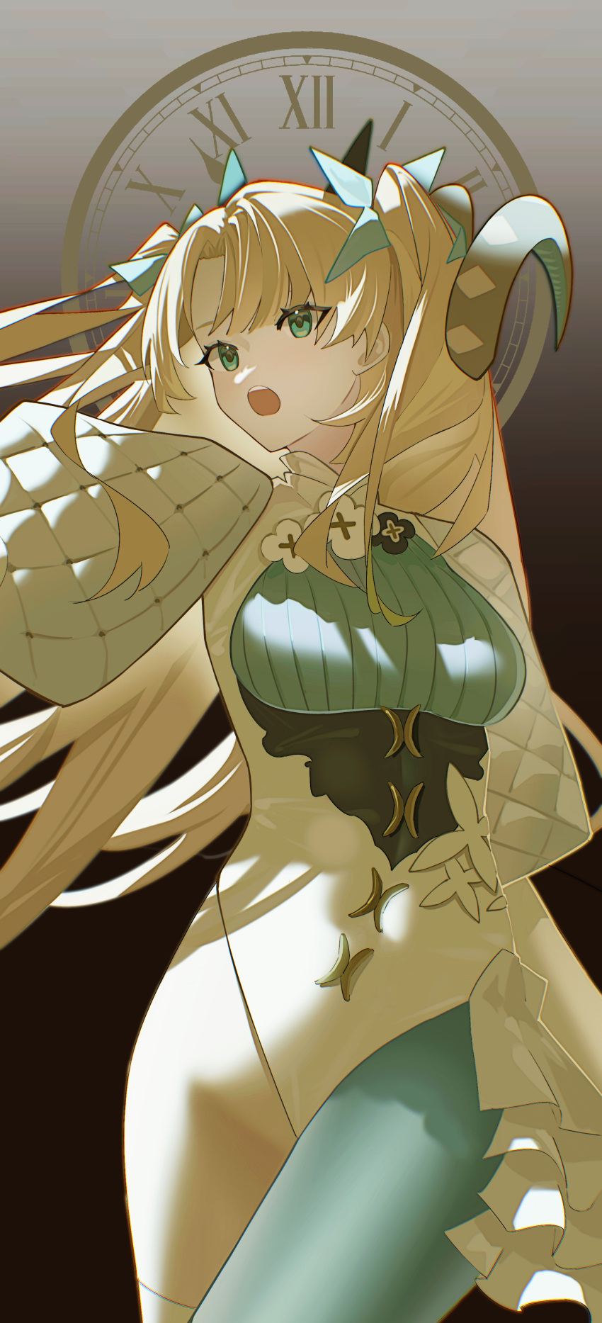 absurdres blonde_hair bow breasts curled_horns e-razor ereshkigal_(fate) fate/grand_order fate_(series) female frills green_eyes green_pantyhose hairbow highres horns leotard long_hair long_sleeves medium_breasts open_mouth pantyhose parted_bangs single_leg_pantyhose single_thighhigh space_ereshkigal_(fate) space_ereshkigal_(third_ascension)_(fate) thighhighs thighs two_side_up white_leotard white_thighhighs