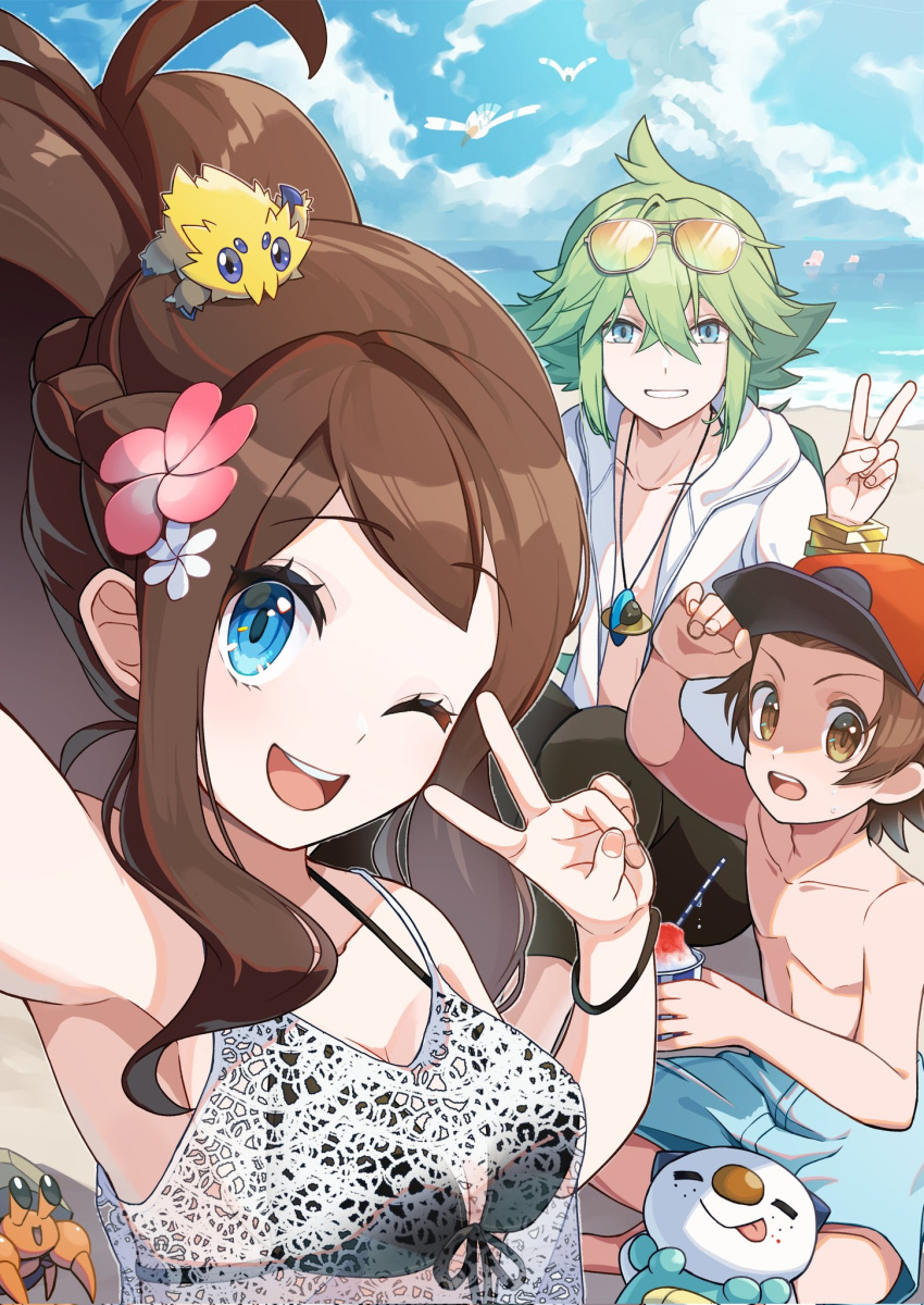 2boys armpits baseball_cap beach black_bra blue_eyes blue_shorts bra bra_visible_through_clothes brown_hair cloud cloudy_sky creature_on_head day dwebble eyewear_on_head female flower food green_eyes green_hair grin hair_between_eyes hair_flower hair_ornament hat highres hilbert_(pokemon) hilda_(pokemon) holding holding_food holding_ice_cream ice_cream jacket jewelry joltik long_hair looking_at_viewer momo_maru_(mmmrchiru) multiple_boys n_(pokemon) necklace no_shirt ocean open_mouth oshawott outdoors pimp pokemon pokemon_(creature) pokemon_bw ponytail red_hat selfie short_hair shorts sidelocks sky smile sundae topless_male underwear v water white_jacket wingull