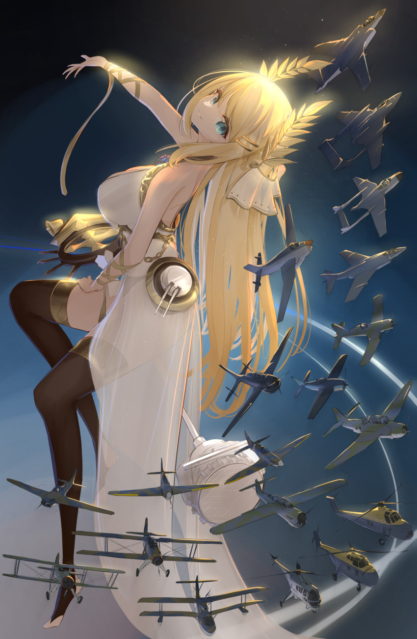 absurdres aircraft aircraft_request airplane azur_lane bare_shoulders blonde_hair blue_eyes breasts brown_thighhighs commentary_request dress female from_side full_body gold_trim hair_ornament hairclip helicopter highres large_breasts laurel_crown long_dress long_hair looking_at_viewer outstretched_arm ryosuke1225 see-through see-through_dress shaft_look solo thighhighs very_long_hair victorious_(azur_lane) white_dress