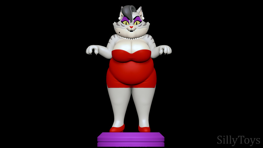 16:9 3d_(artwork) 3d_modeling 3d_print anthro black_background clothing digital_media_(artwork) dress eyes_yellow felid feline female footwear grey_body hi_res high_heels makeup mammal melira_(pibby) nails overweight red_clothing red_dress shoes sillytoys simple_background smile solo standing stripes widescreen